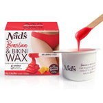 Nad's Brazilian And Bikini Wax Kit front packaging view showcasing the hard wax jar and wooden spatula.