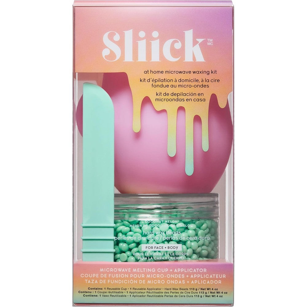 Sliick At Home Waxing Kit pink packaging front view showing microwave melting cup and hard wax beads for hair removal