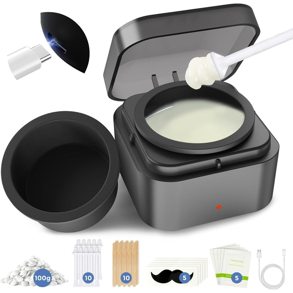 Boloye nose wax kit front view showing the portable black USB heating unit and hard wax beads