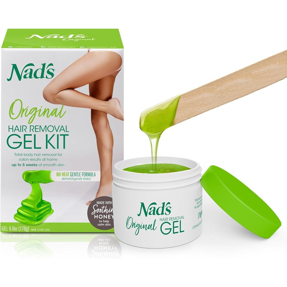 Nad's Original Natural Hair Removal Gel Wax Kit packaging front view showing no heat formula details