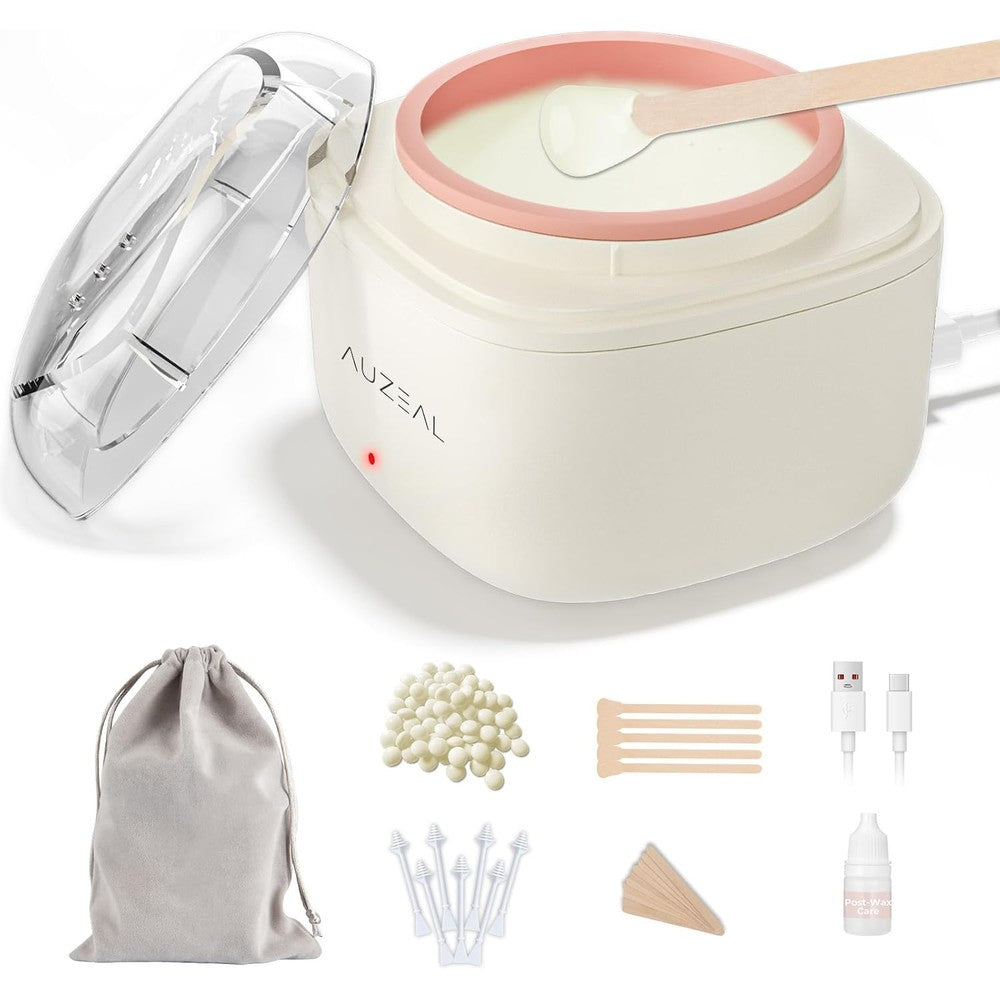 Auzeal Mini Eyebrow Wax Kit front view showcasing the white and pink portable USB wax heater