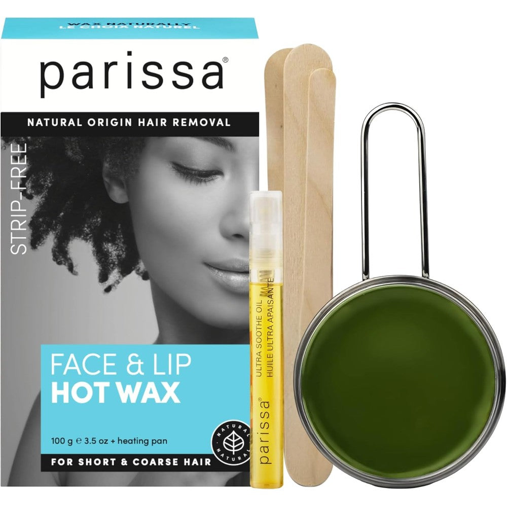 Parissa Natural Face And Lip Hard Wax Kit packaging front view showing the no strip hot wax pan