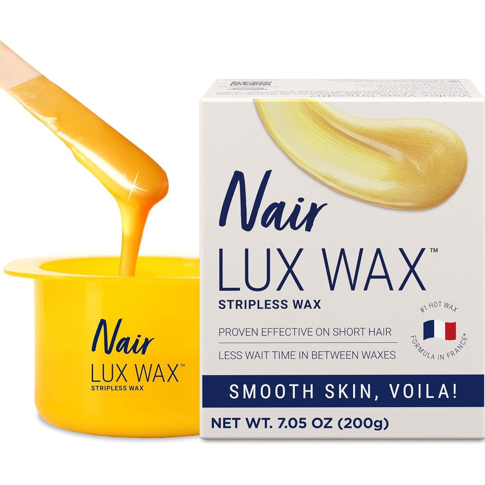Nair Lux Wax microwaveable hot waxing kit front packaging view for premium at home hair removal