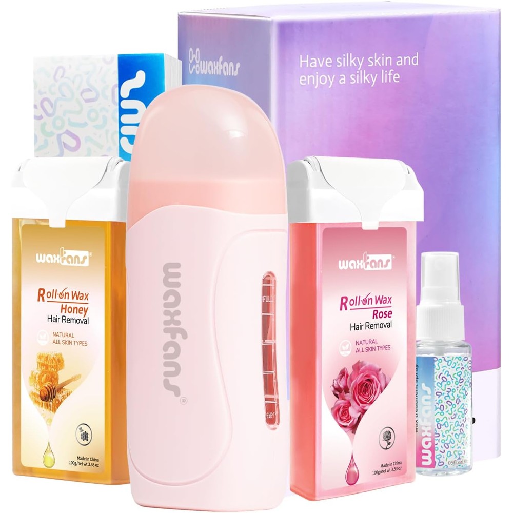 Waxfans roll on wax kit with pink and white electric warmer front view