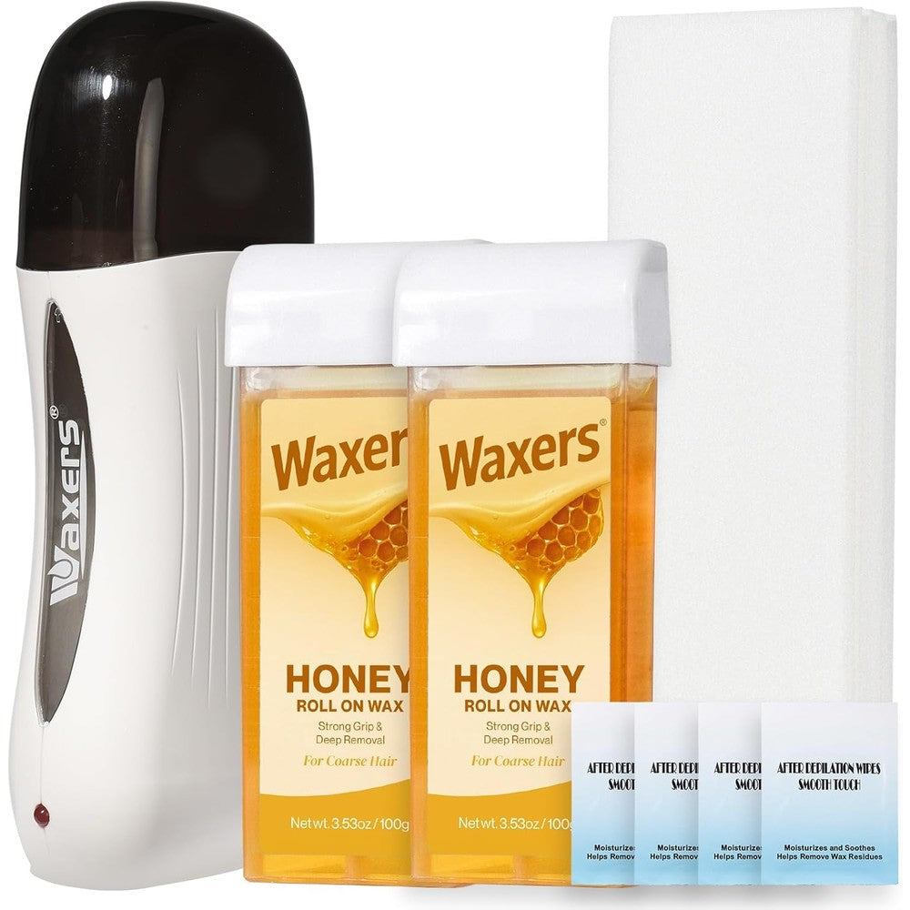 Waxers roll on wax kit front view with packaging warmer and honey cartridges