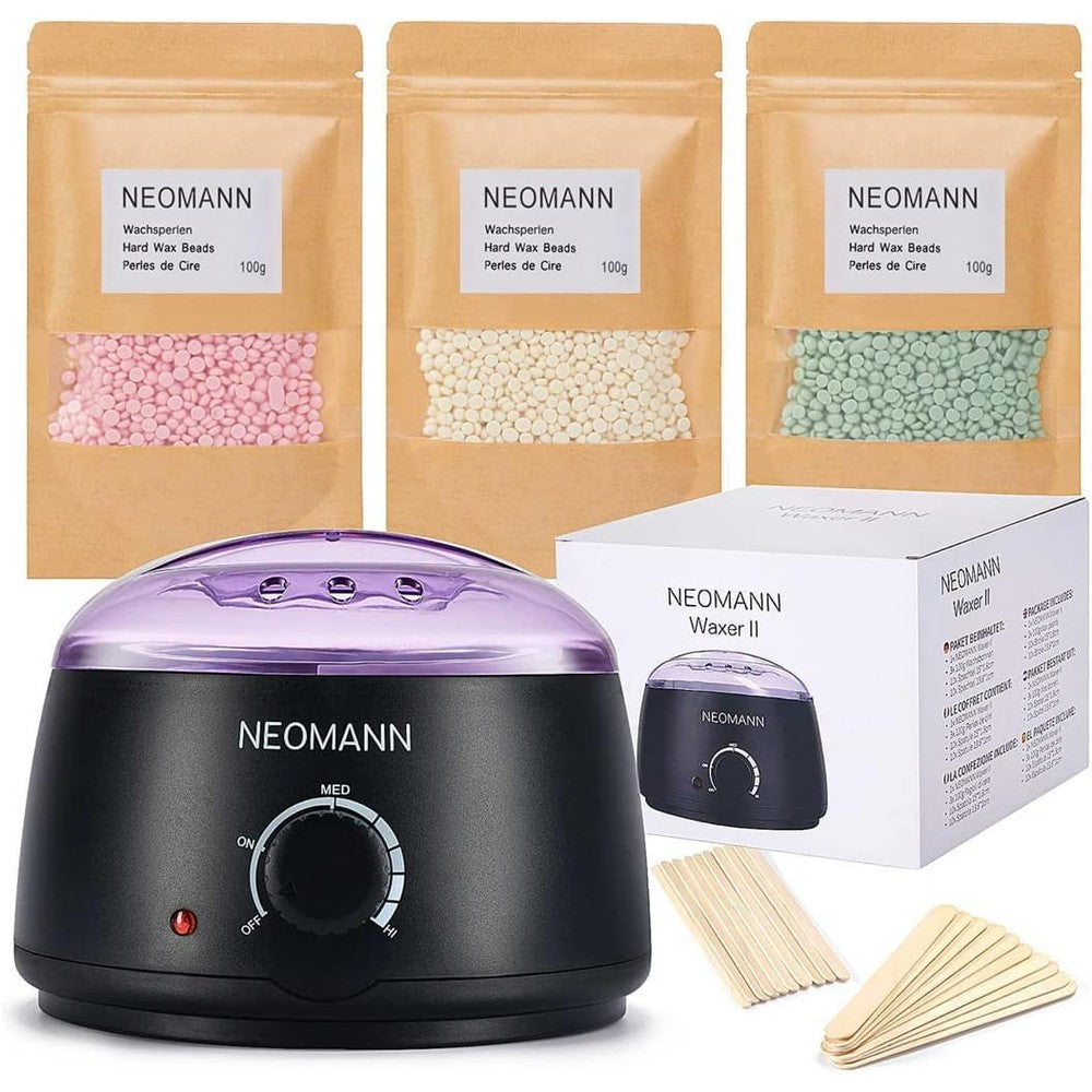 NEOMANN Waxer II Waxing Kit front view showcasing the black premium wax warmer with temperature control dial.