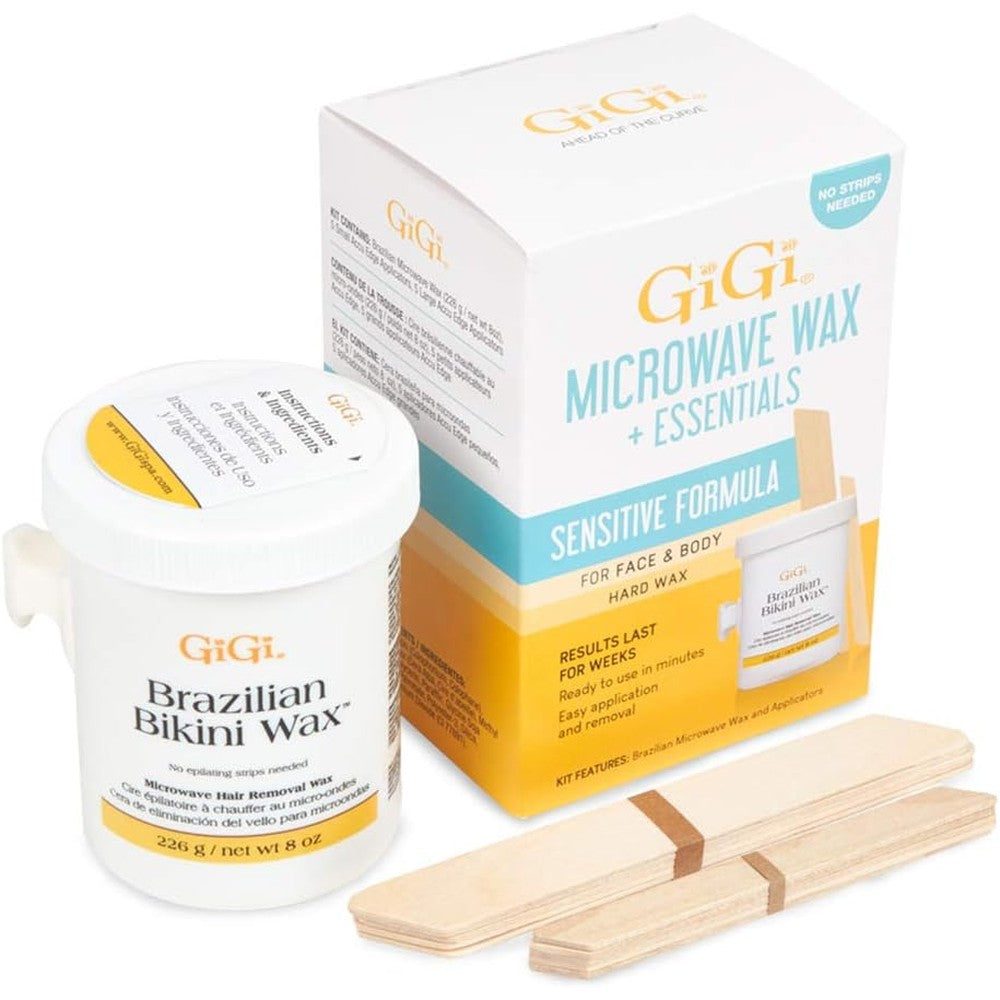 GiGi Brazilian Bikini Wax Microwave Kit front view of the packaging and 8 ounce wax jar.