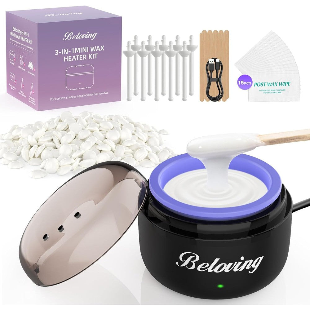 Beloving Nose Wax Kit front view showing black mini wax warmer machine and hard wax beads pack