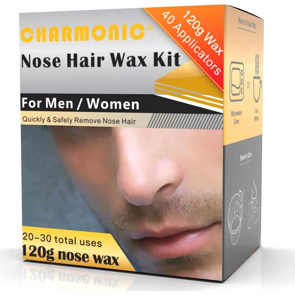 Charmonic nose hair wax kit packaging and front view of the one hundred twenty grams hard wax jar