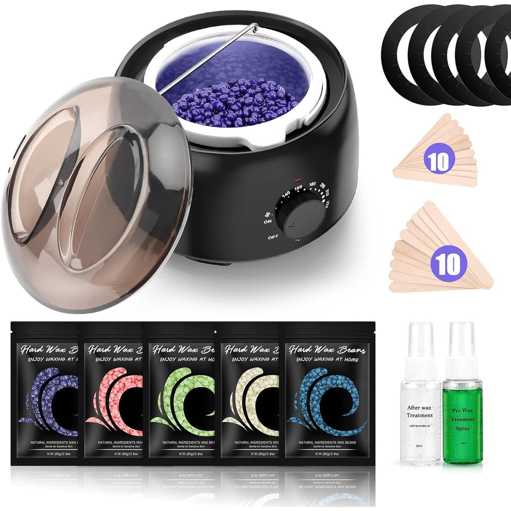 TIKESI waxing kit electric wax warmer front view with five bags of hard wax beans