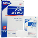 Dukal 841 Oval Eye Cotton Pads 50 Count box front view showcasing sterile medical dressing packaging.