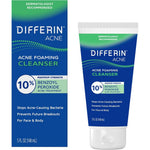 Differin Acne Face Wash 10% Benzoyl Peroxide front view of the 5 ounce maximum strength foaming cleanser tube