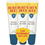 Burt's Bees Rescue Lip Relief Original 3-pack front view showcasing the squeezy tubes for intense lip hydration.