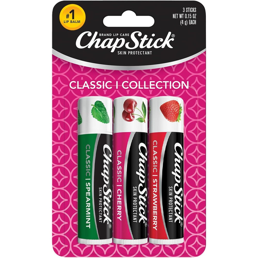 ChapStick Classic Collection Lip Balm 3-Pack front view showing spearmint cherry and strawberry tubes