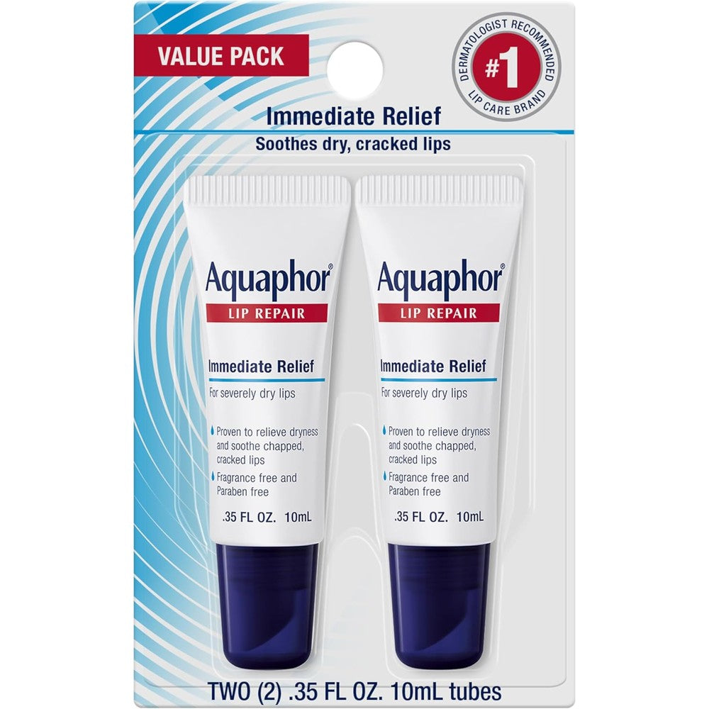 Aquaphor Lip Repair Ointment front view dual pack for dry lips.