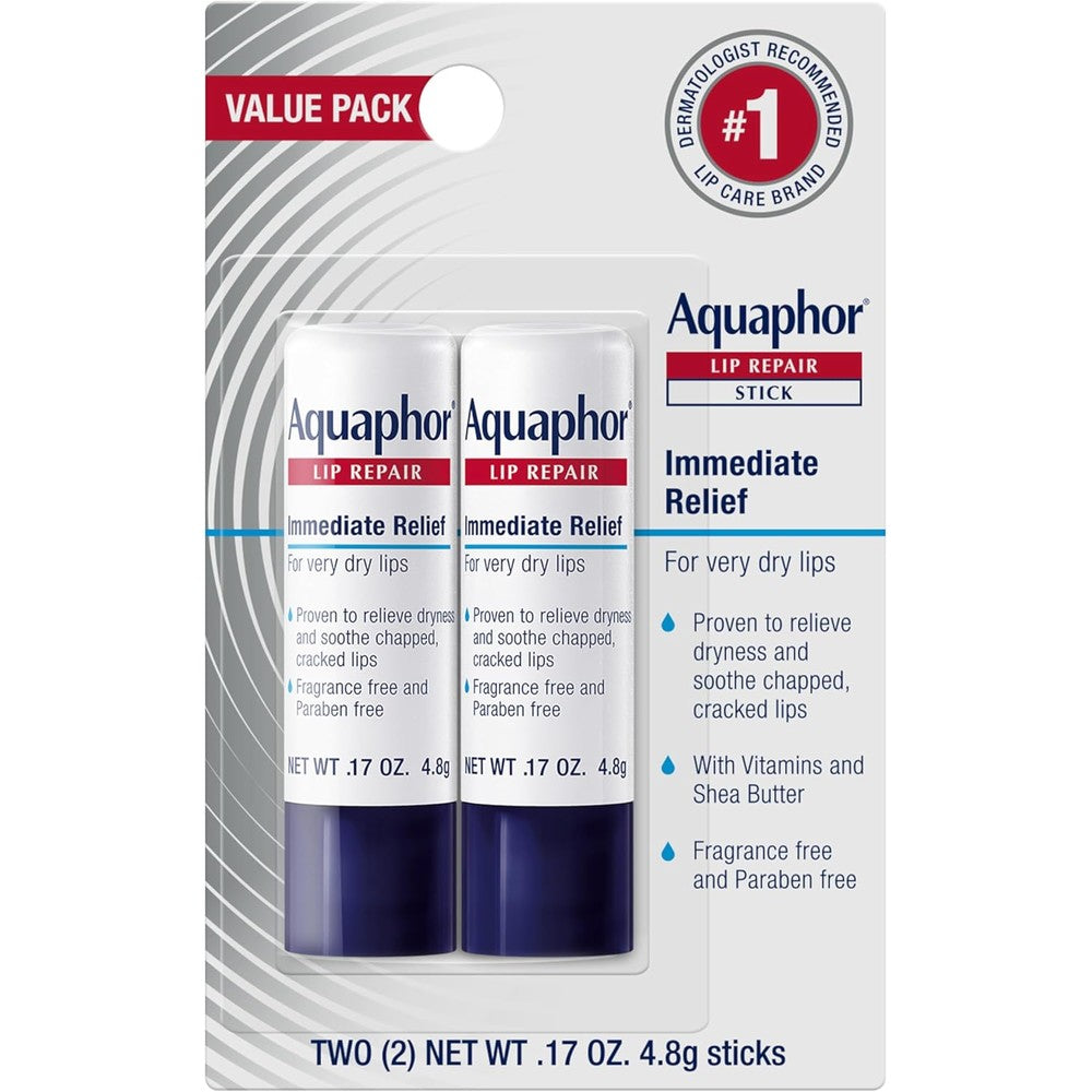 Aquaphor Lip Repair Stick twin pack front view for dry chapped lips care