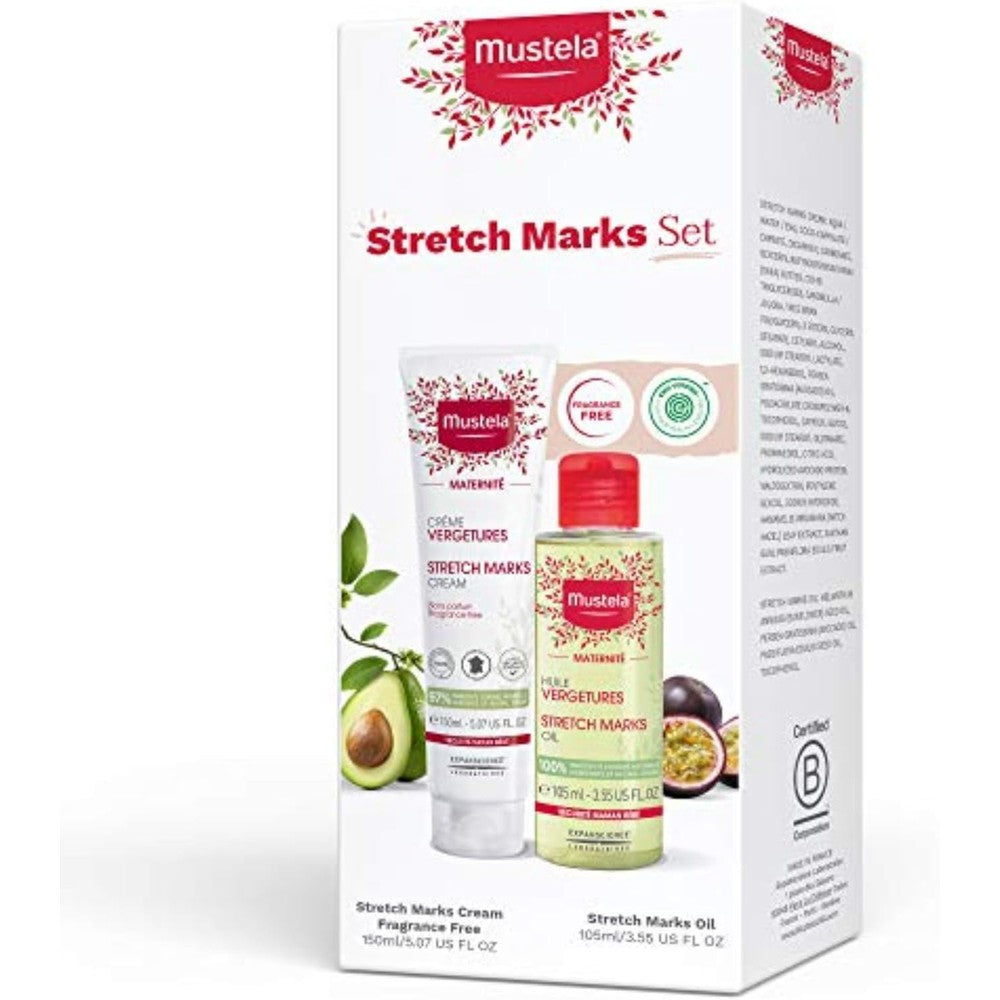 Mustela Maternity Stretch Marks Set front view of premium pregnancy cream and belly oil pack
