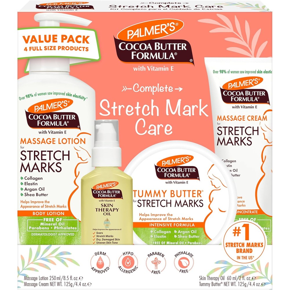 Palmer's Cocoa Butter Formula Pregnancy Skin Care Kit front view of the complete four piece set for stretch marks