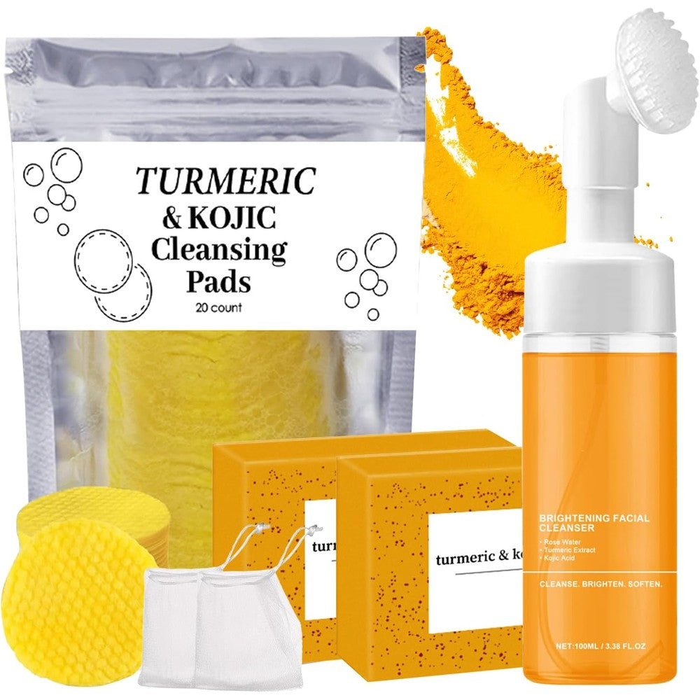 BCBU Turmeric Wash and Care Skincare Set front view showing the complete four piece brightening kit.