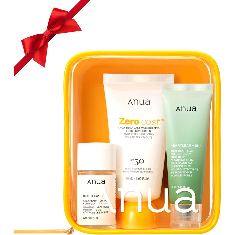Anua Sun-Ready Travel Kit front view showing mini sunscreen, cleansing oil, and face wash in a clear pouch.
