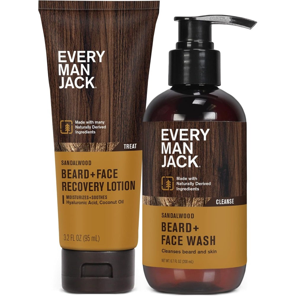 Every Man Jack Sandalwood Beard Face Wash And Hydrating Lotion Duo Set front view showing bottles.