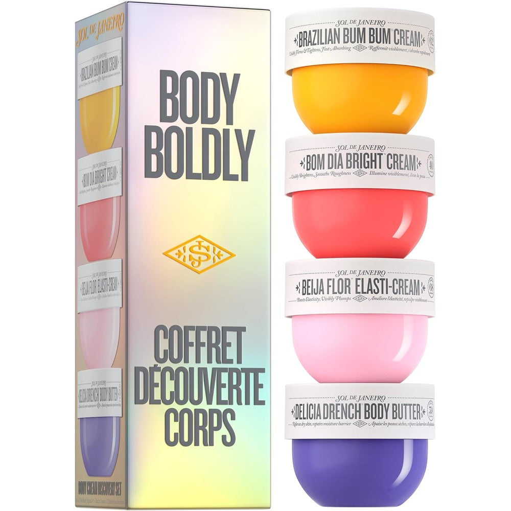 Sol de Janeiro Body Boldly Discovery Set front view showcasing four mini jars packaging