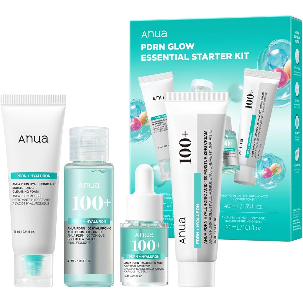 Anua Salmon DNA PDRN Glow Essential Starter Kit front packaging view showcasing the four-piece glass skin collection.