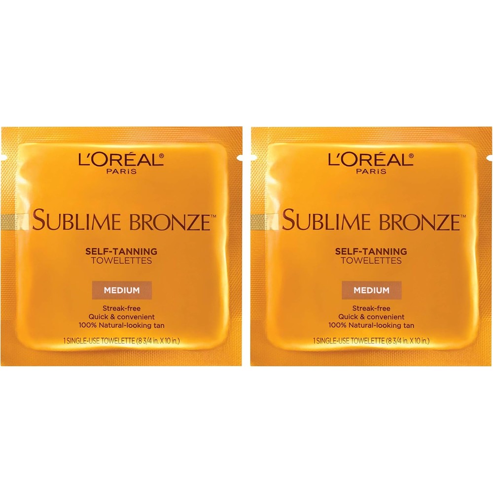 L'Oreal Paris Sublime Bronze Self Tanning Towelettes front packaging view showing the twelve count box.