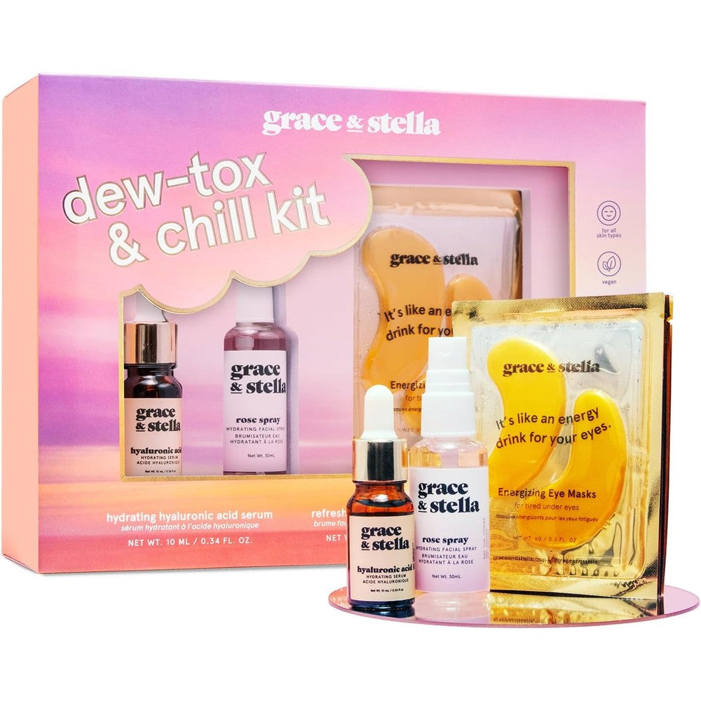 grace & stella skin care set with gold eye patches and hyaluronic acid serum
