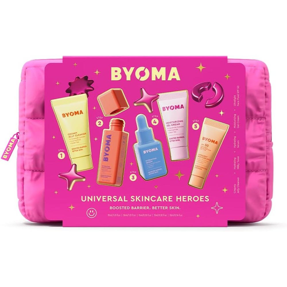 Byoma Universal Skincare Heroes 5 Piece Gift Set front view with makeup bag