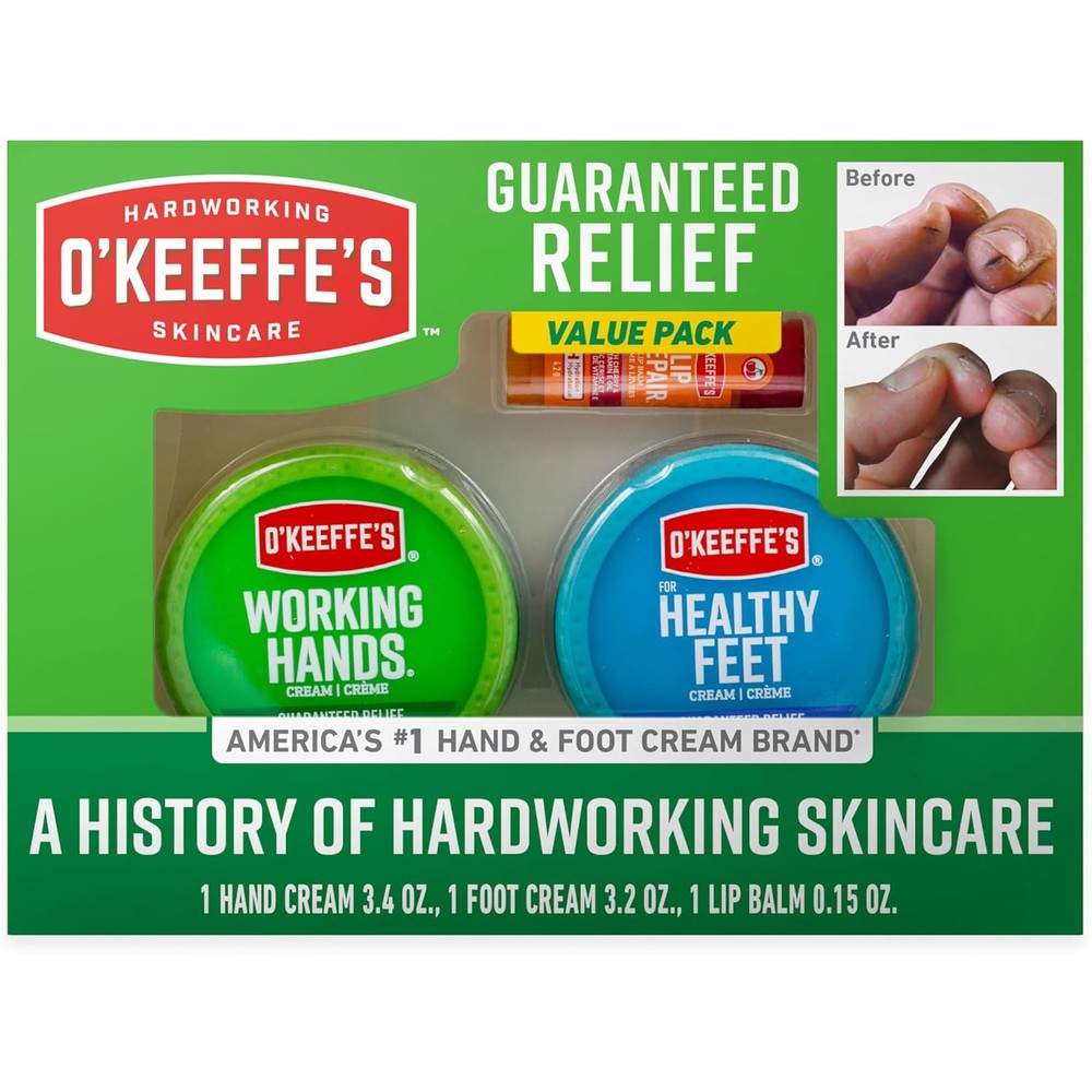 O'Keeffe's Giftbox packaging front view showing the complete three piece skincare set.