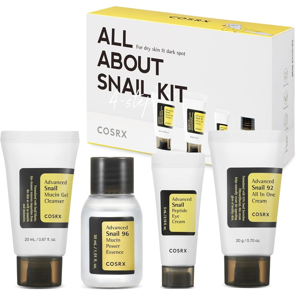 COSRX All About Snail Mucin Skin Care Set front view showcasing the four mini trial products