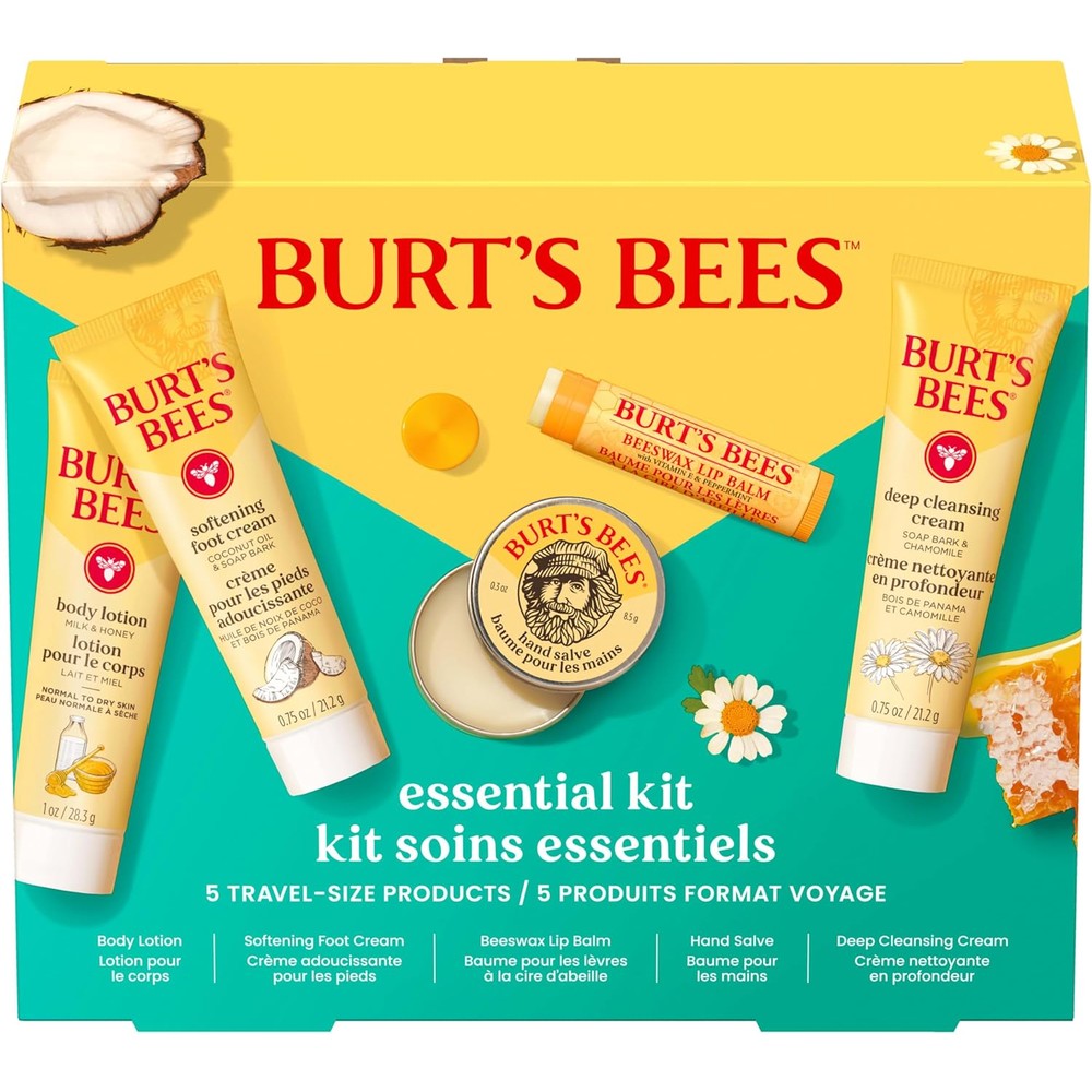 Burt's Bees Essentials Everyday Gift Set front packaging view showing five travel size skincare products.