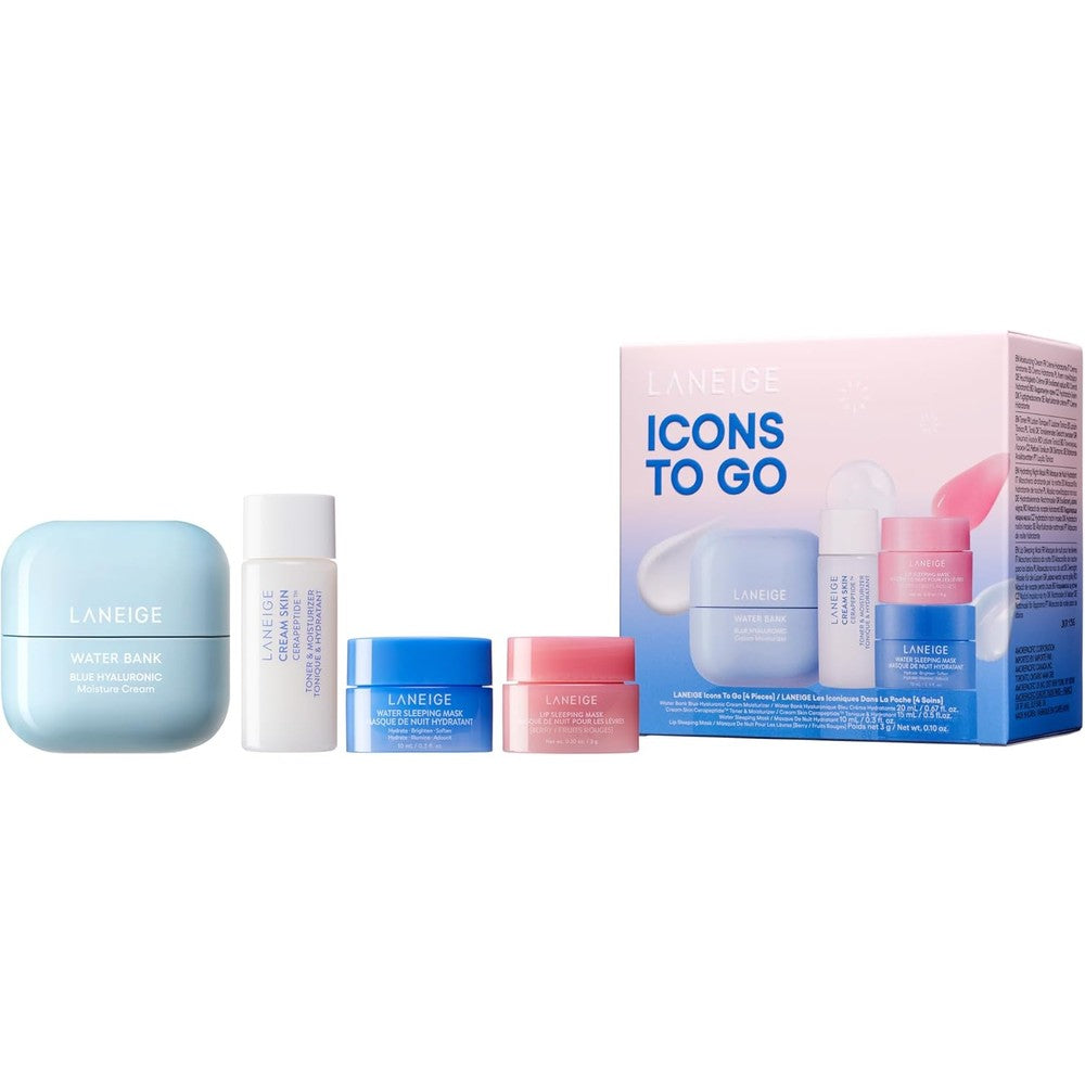 LANEIGE Icons To Go Skincare Travel Set front view displaying four mini product containers