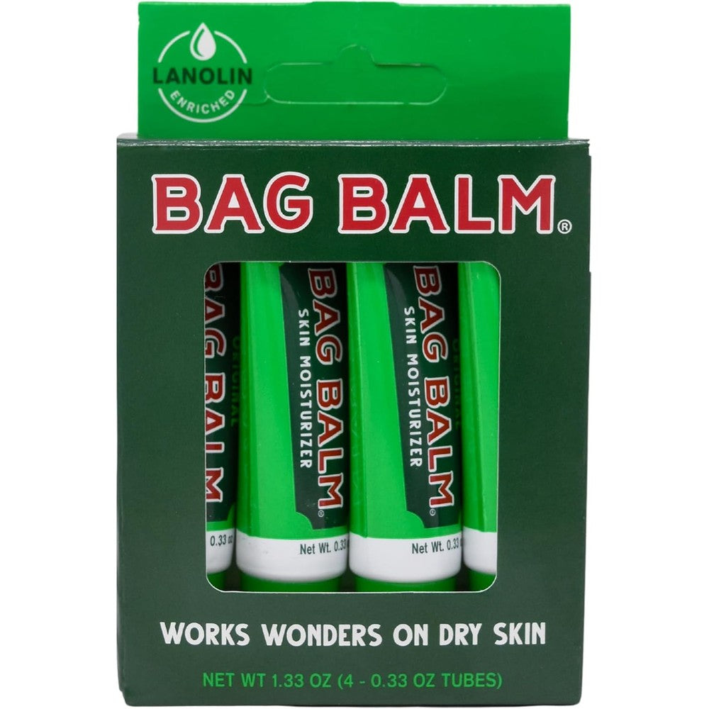 Bag Balm Original Skin Moisturizer Gift Box front view of the packaging and four green lip balm tubes.