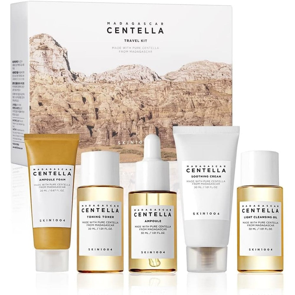 SKIN1004 Madagascar Centella Travel Kit front view showing five mini skincare bottles