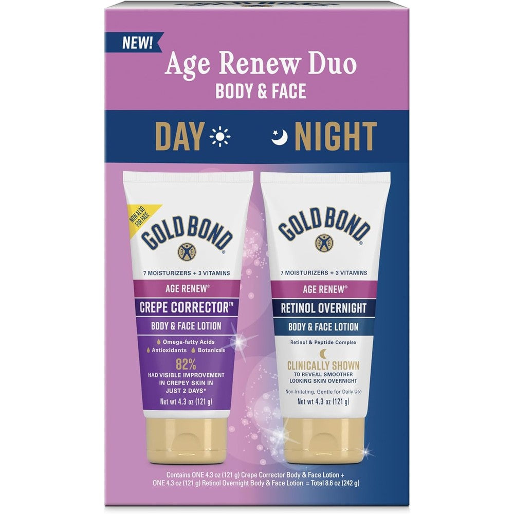 Gold Bond Age Renew Day and Night Duo Lotion Set front view showing Crepe Corrector and Retinol Overnight bottles