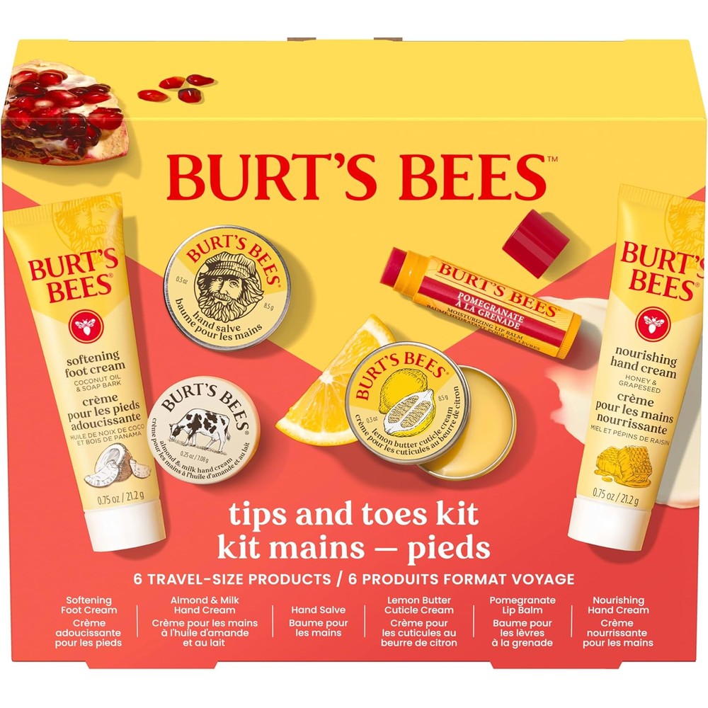 Burt's Bees Tips and Toes Gift Kit showing the front view of the yellow packaging box with travel size skincare products inside.