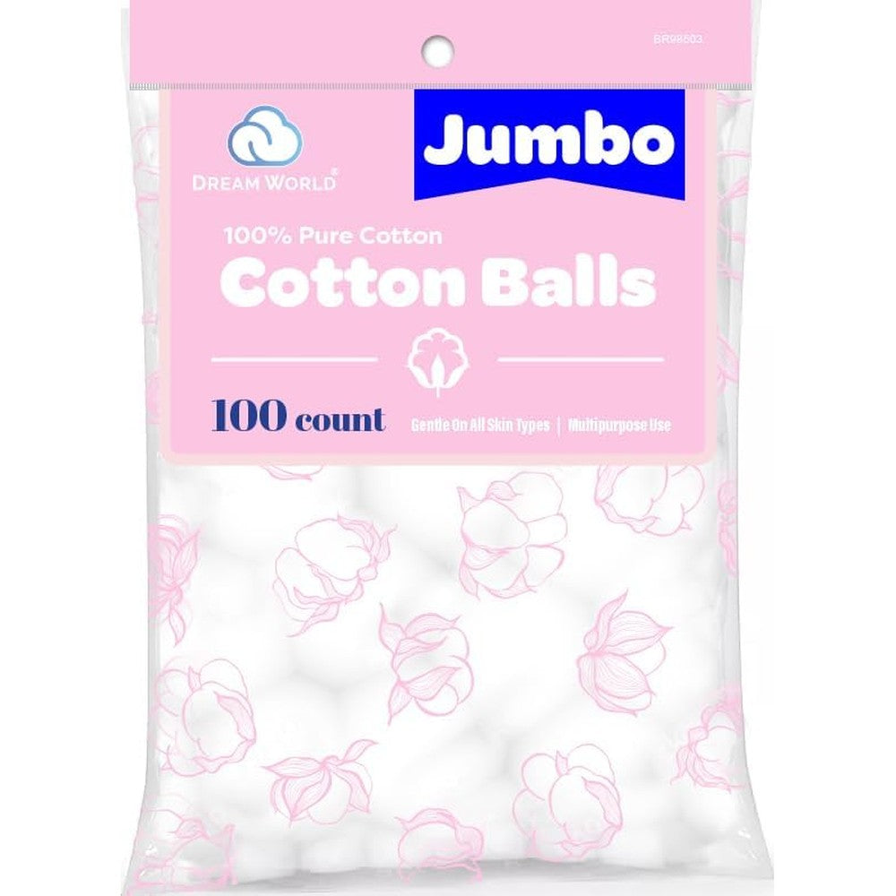 Dream World Jumbo 100 Percent Pure Cotton Balls White 100 Count front view