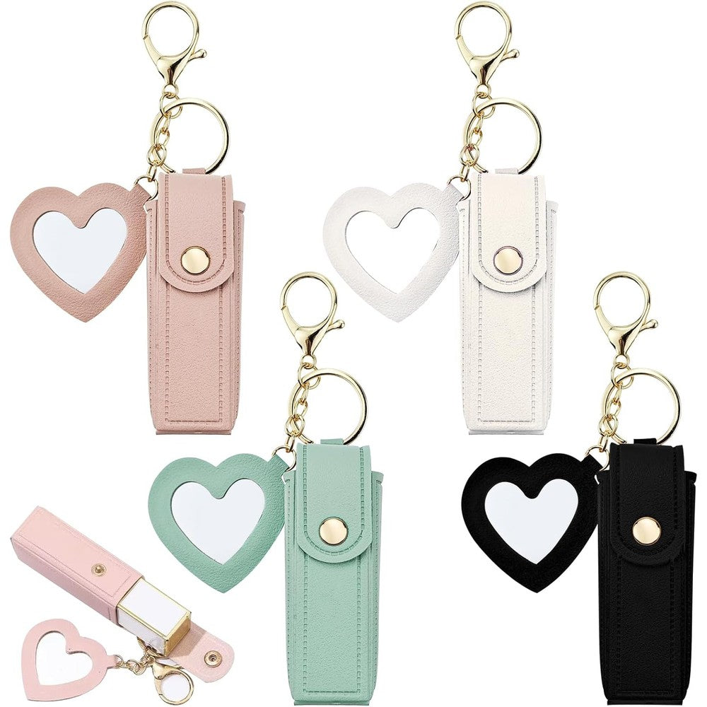 Arvintas PU leather lipstick holder keychain set front view with mirror