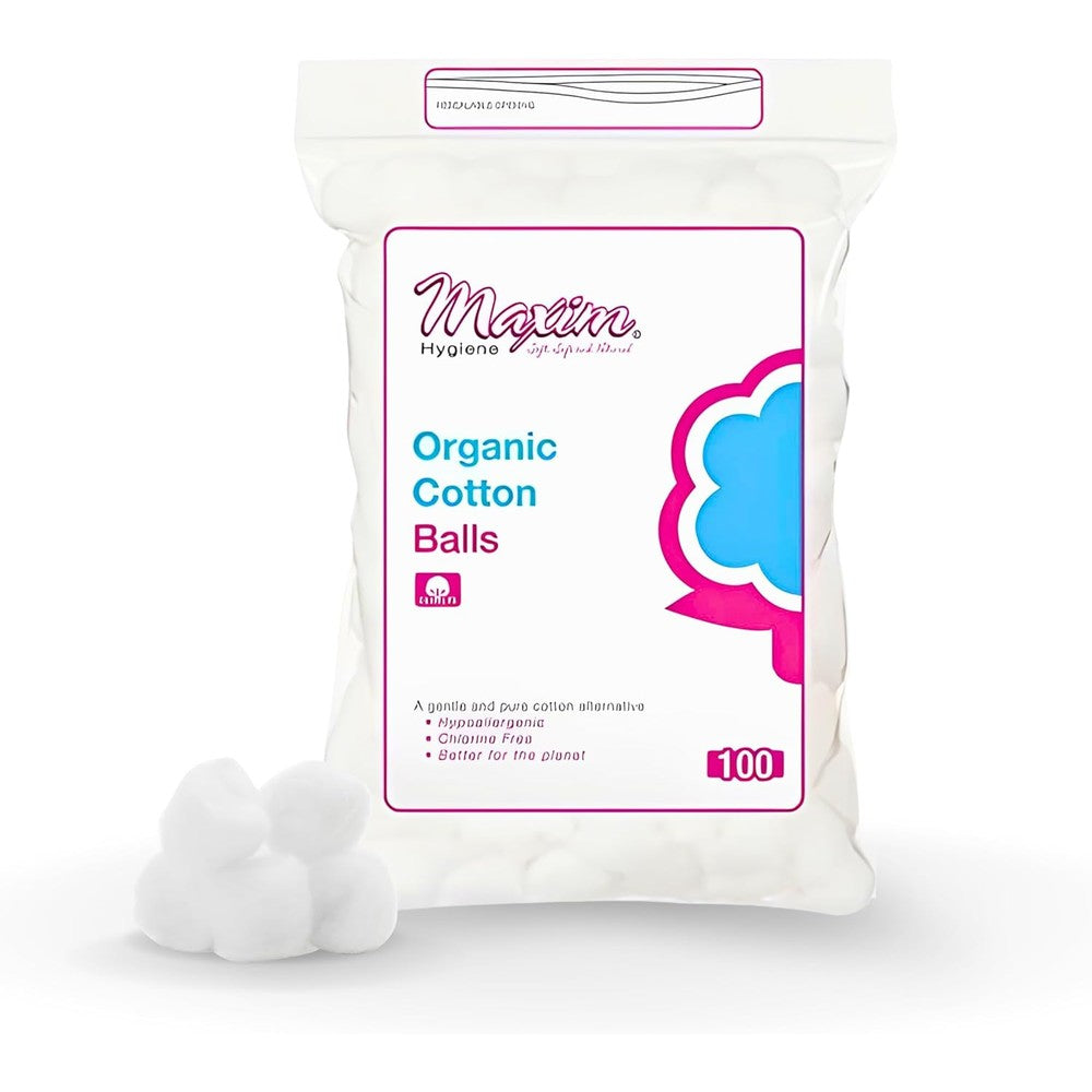 Maxim GOTS Certified Organic Cotton Balls 100 Count front packaging view