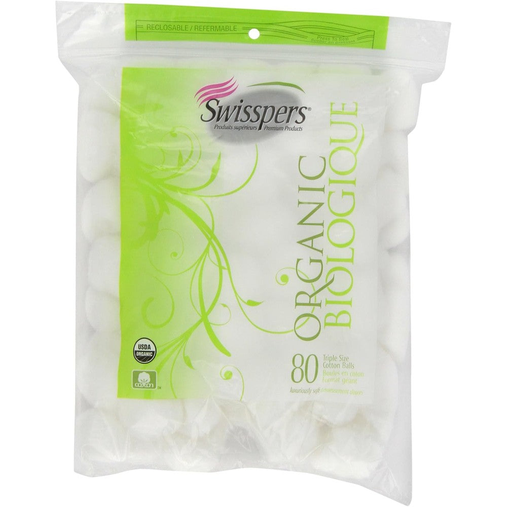 Swisspers Organic 100% Natural Cotton Balls 80 Count front packaging view