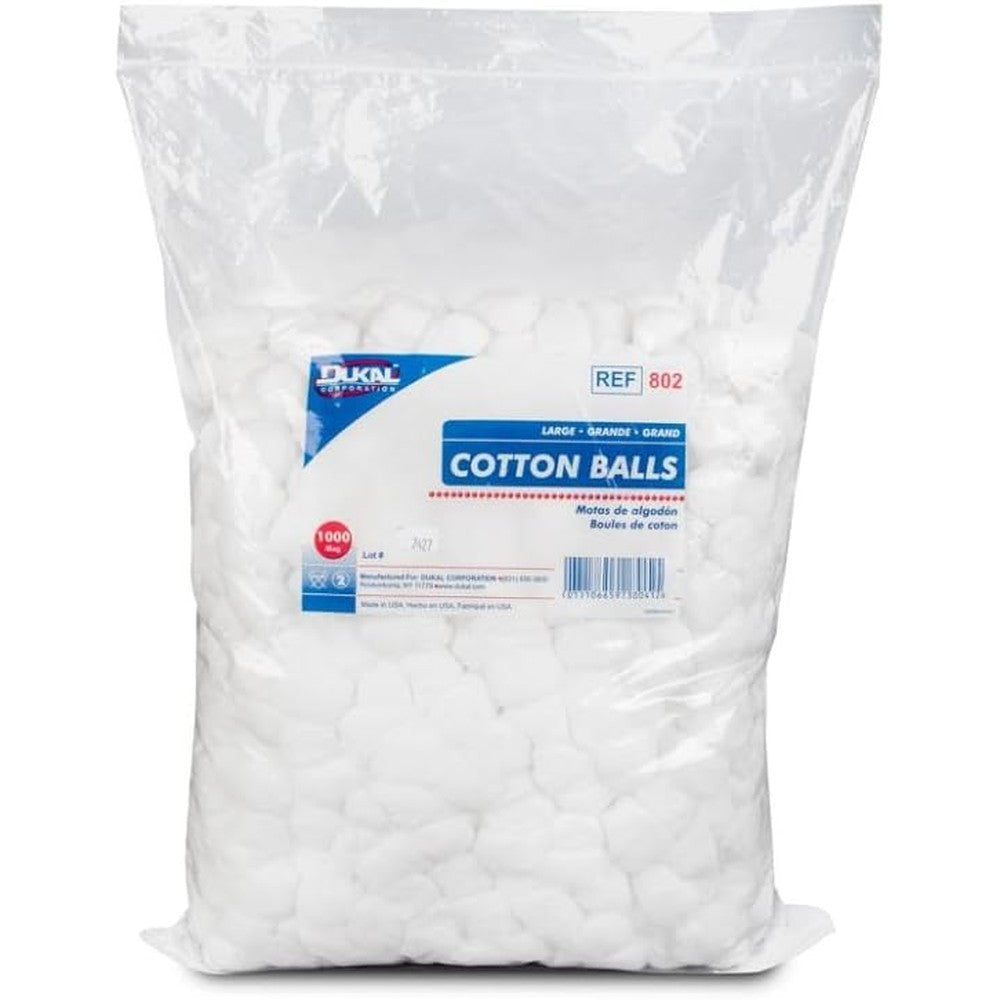 Dukal 802 Large Non-Sterile Cotton Balls 1000 Count pack front view