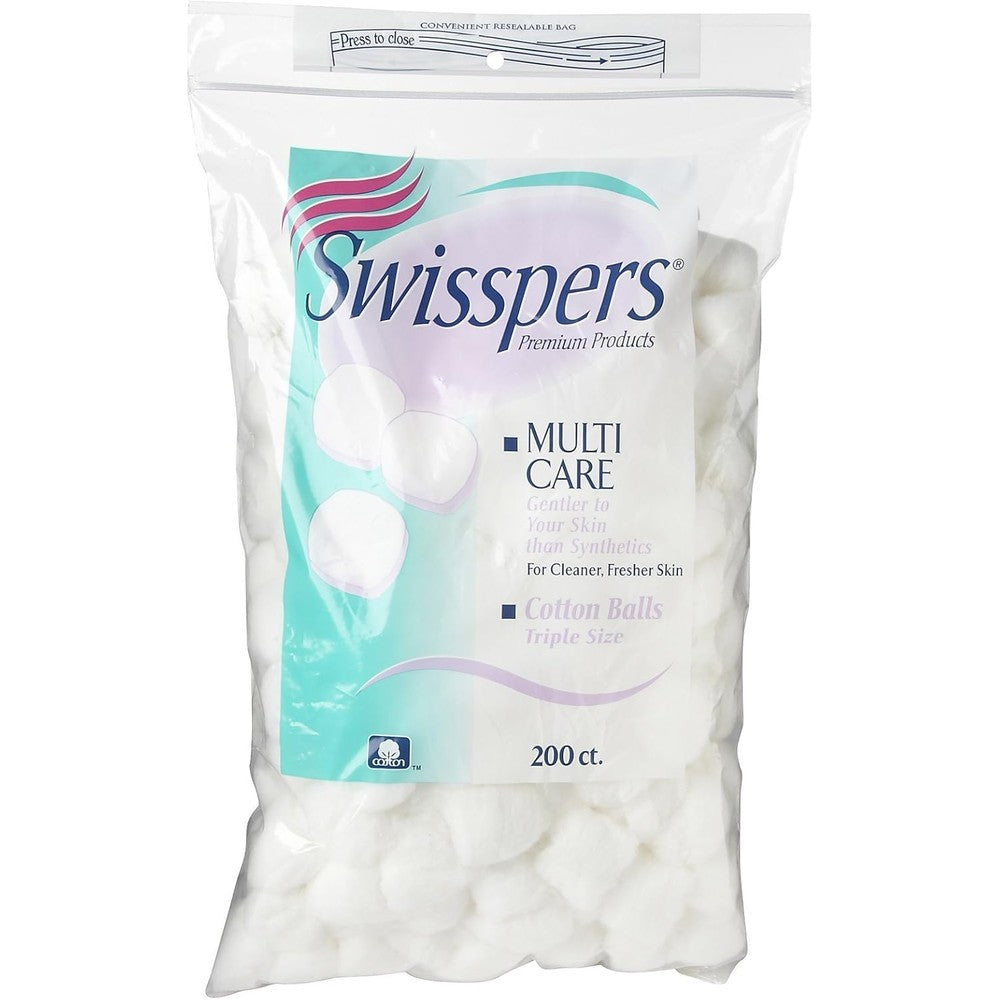 Swisspers Multicare Triple Size Cotton Balls 200 Count Premium Soft Natural Cotton For Skincare And Makeup Removal - Image 1