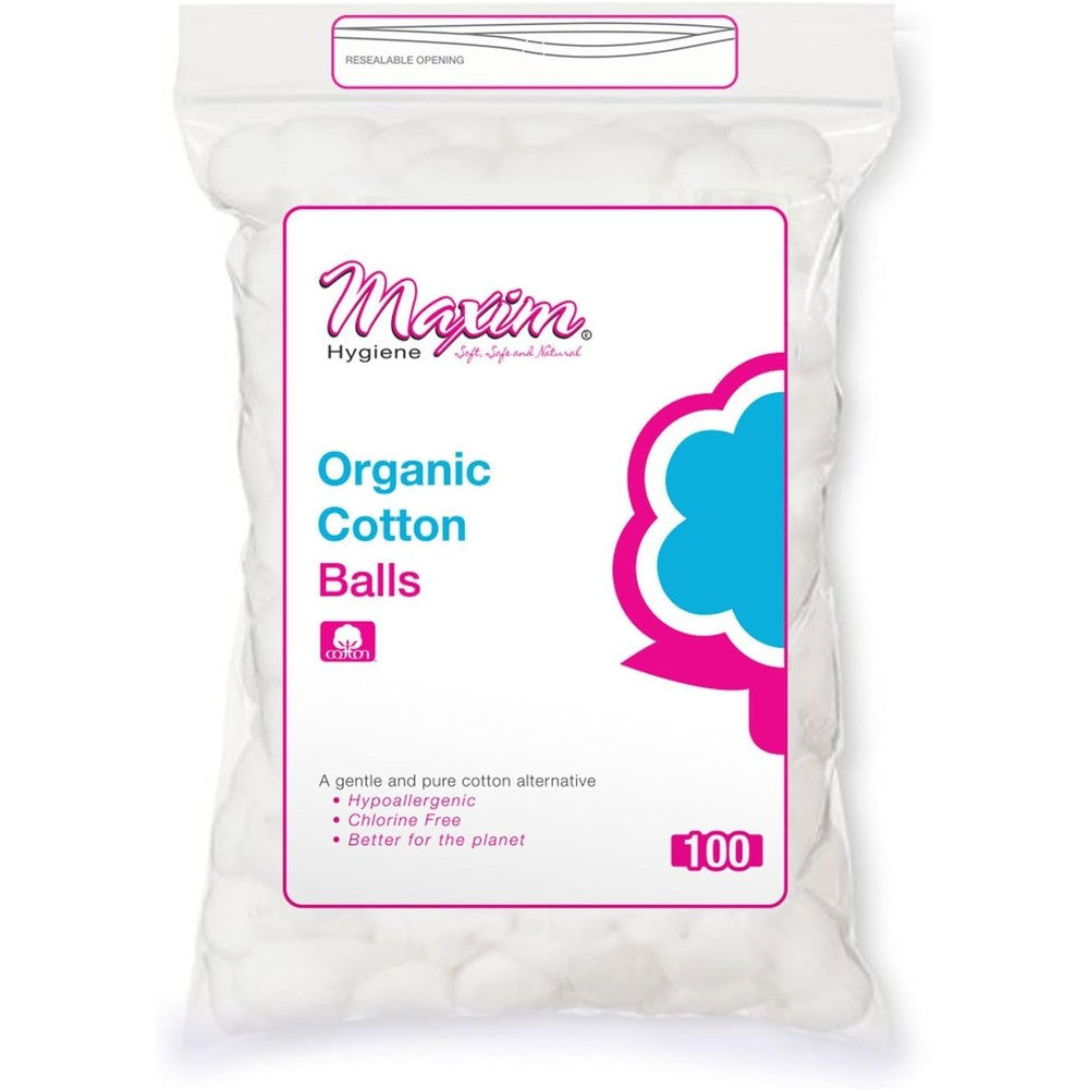 Maxim Hygiene Organic Cotton Balls 100 Count front packaging view
