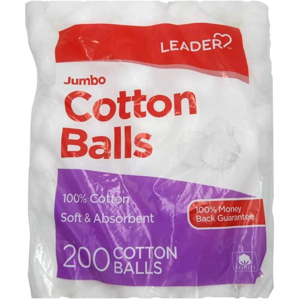 Leader Jumbo Cotton Balls 200 Count pack front view for skincare and makeup