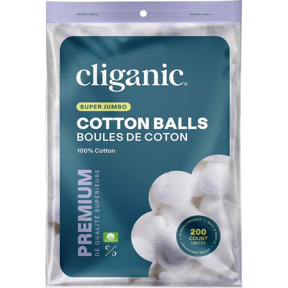 Cliganic Super Jumbo Cotton Balls 200 count pack for beauty care and skin cleaning