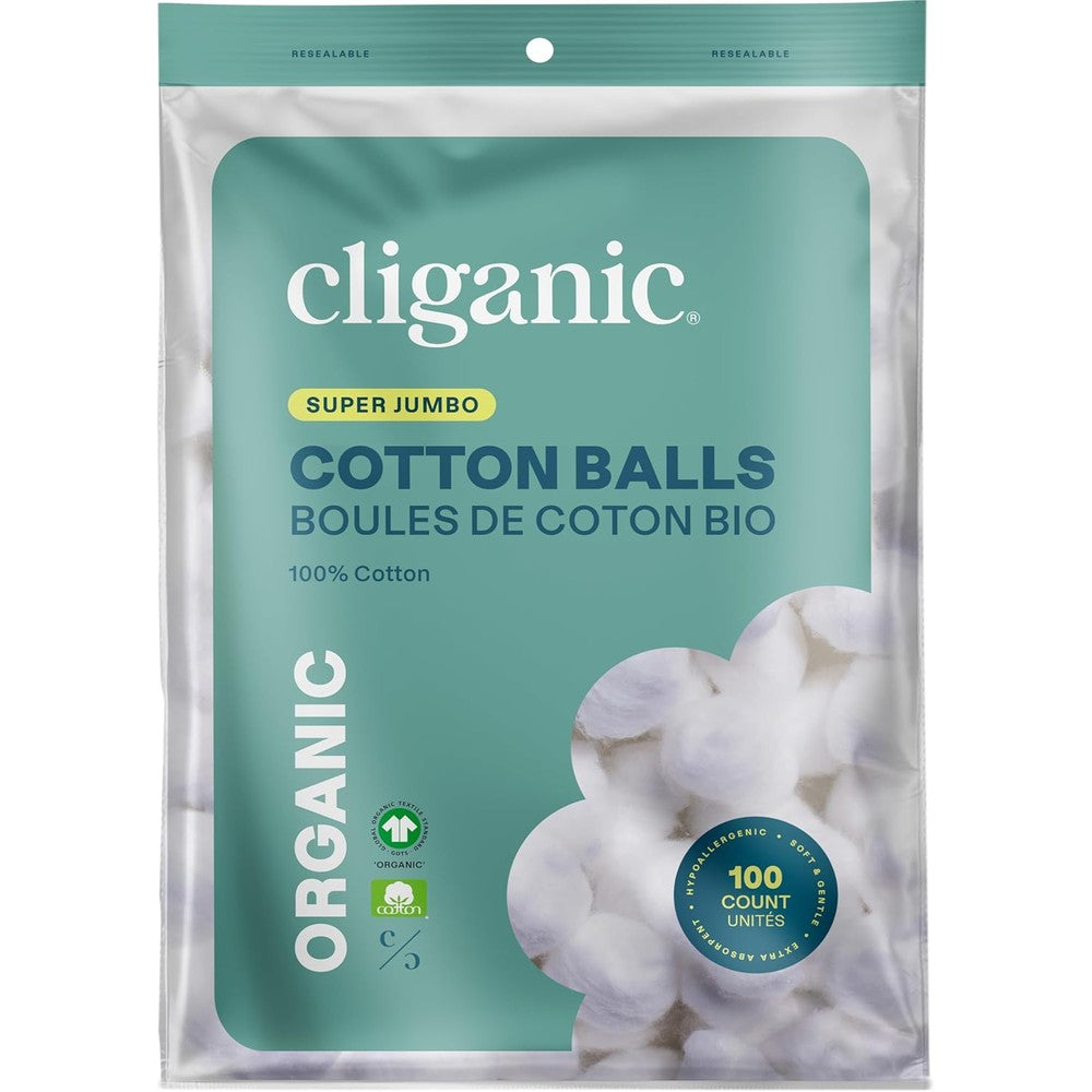 Cliganic Organic Super Jumbo Cotton Balls 100 count pack for face pads cotton