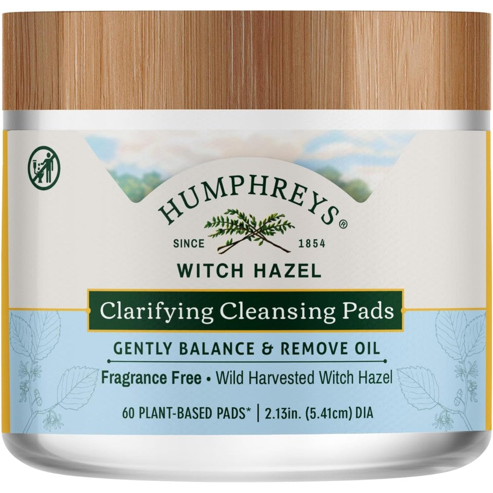 Humphreys Witch Hazel Clarifying Cleansing Pads front packaging showing 60 count jar