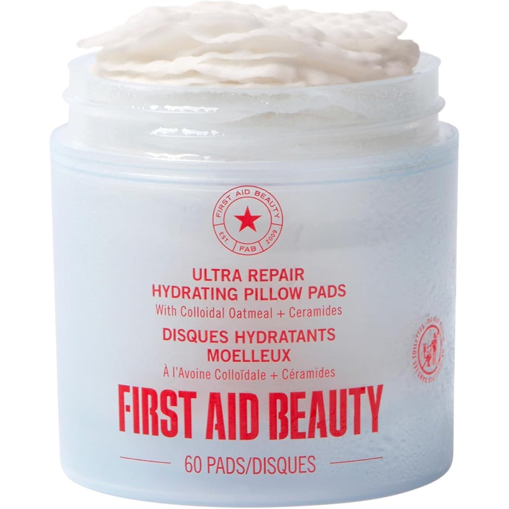 First Aid Beauty Ultra Repair Hydrating Pillow Pads front view jar on white backdrop